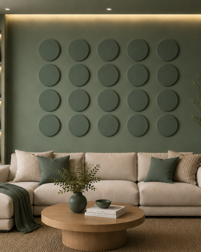 Panouri decorative rotunde negre aranjate pe un perete într-un hol modern