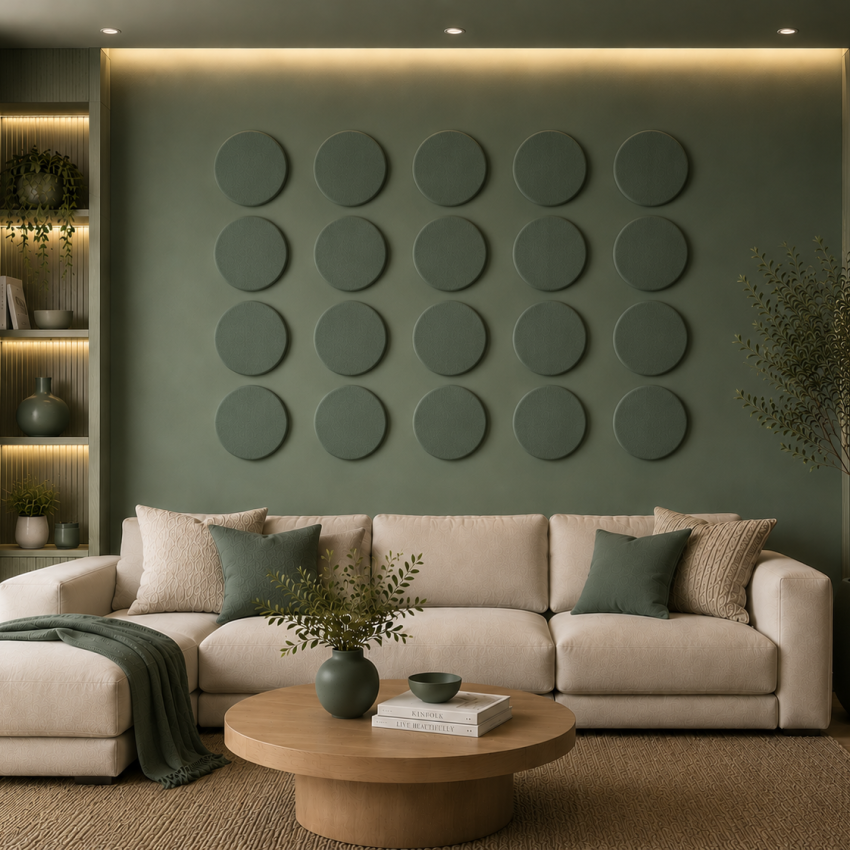 Panouri decorative rotunde negre aranjate pe un perete într-un hol modern