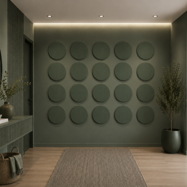 Panouri decorative rotunde negre aranjate pe un perete într-un hol modern