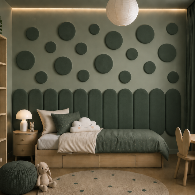 Panouri decorative rotunde negre aranjate pe un perete într-un hol modern