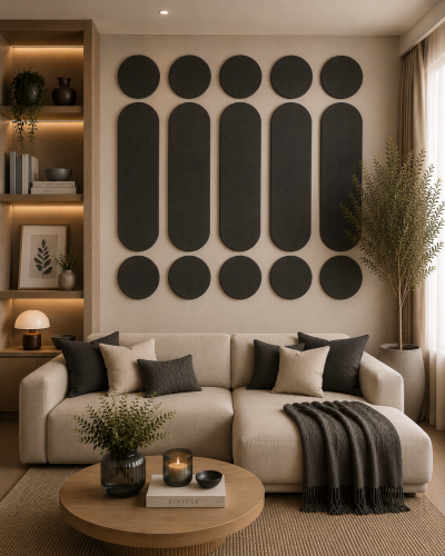 Panouri decorative rotunde negre aranjate pe un perete într-un hol modern