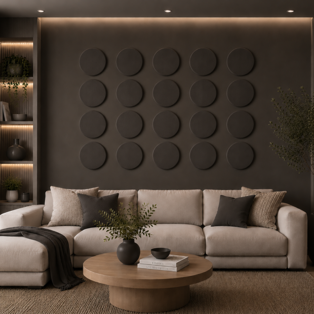 Panouri decorative rotunde negre aranjate pe un perete într-un hol modern