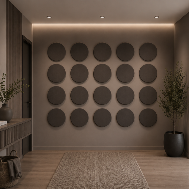 Panouri decorative rotunde negre aranjate pe un perete într-un hol modern