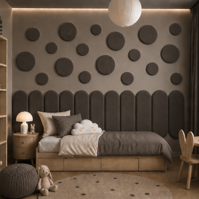 Panouri decorative rotunde negre aranjate pe un perete într-un hol modern