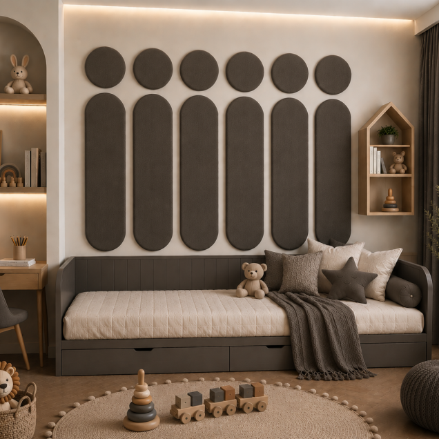 Panouri decorative rotunde negre aranjate pe un perete într-un hol modern