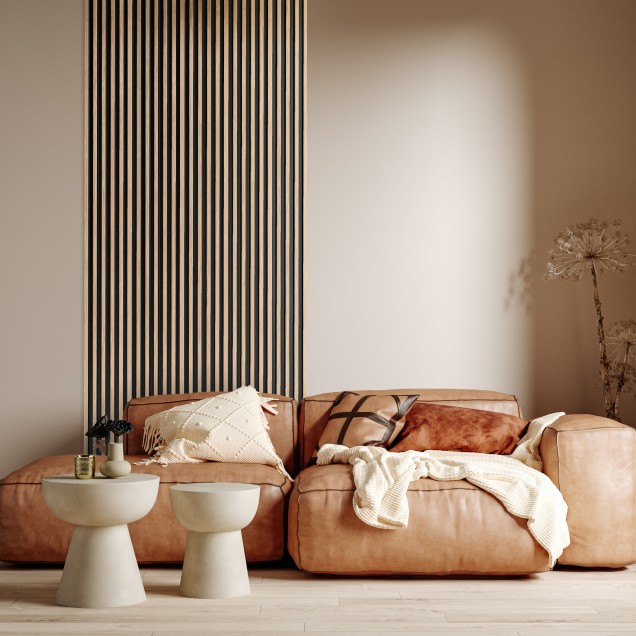 Panou decorativ riflat 3D stejar auriu într-un living modern