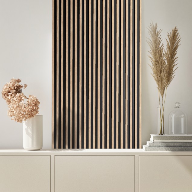 Panou decorativ riflat 3D stejar auriu într-un living modern