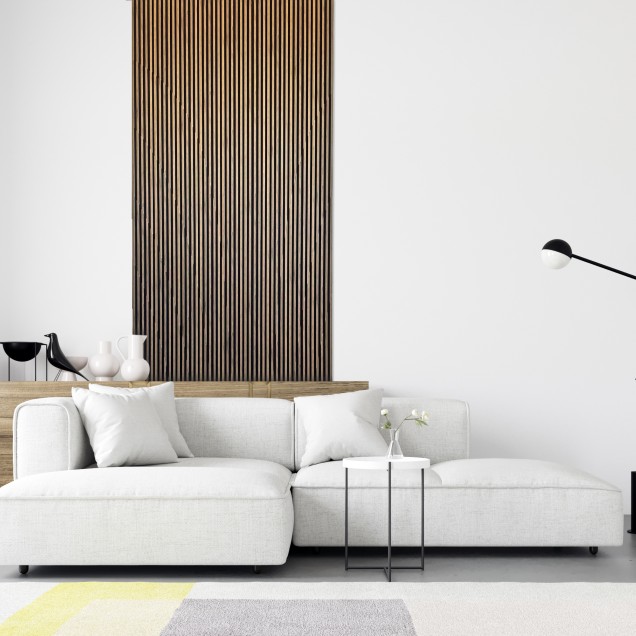 Panou decorativ riflat 3D stejar craft într-un living modern