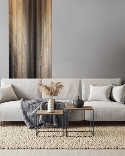 Panou decorativ riflat 3D stejar craft într-un living modern