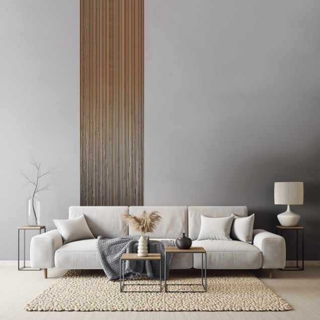 Panou decorativ riflat 3D stejar craft într-un living modern