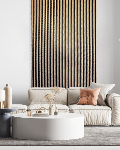 Panou decorativ riflat 3D stejar auriu într-un living modern