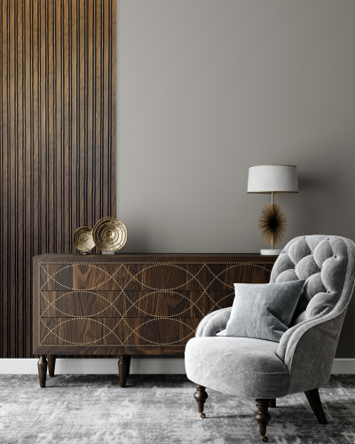 Riflaj decorativ 3D cu aspect de nuc într-un living elegant