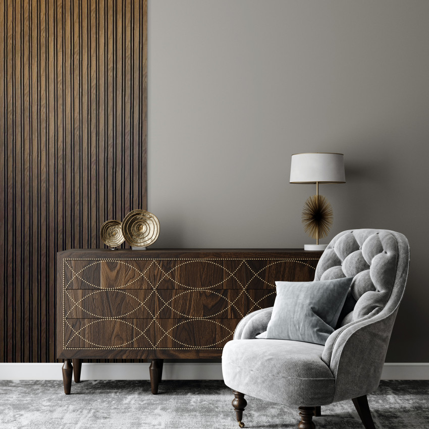 Riflaj decorativ 3D cu aspect de nuc într-un living elegant