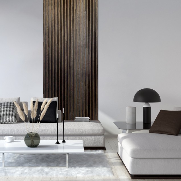 Riflaj decorativ 3D cu aspect de nuc într-un living elegant