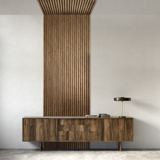 Panou decorativ riflat stejar craft într-un living modern