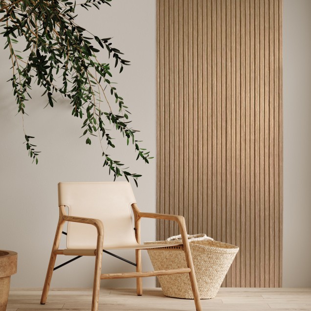 Panou decorativ riflat 3D stejar auriu în dormitor modern