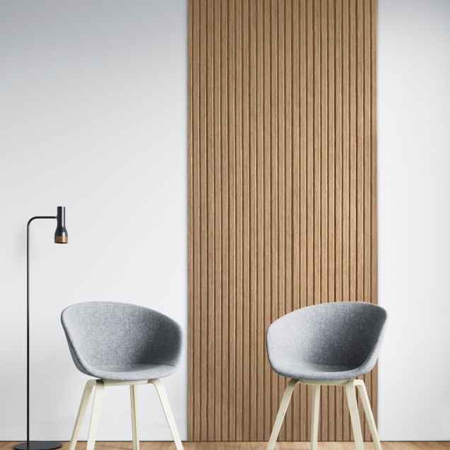 Panou decorativ riflat 3D stejar auriu în dormitor modern