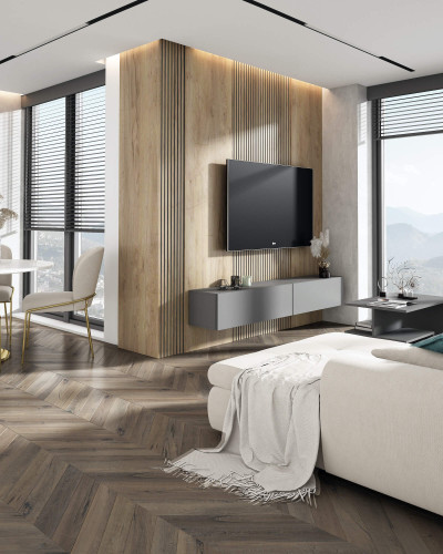 Panou decorativ riflat stejar craft într-un living modern