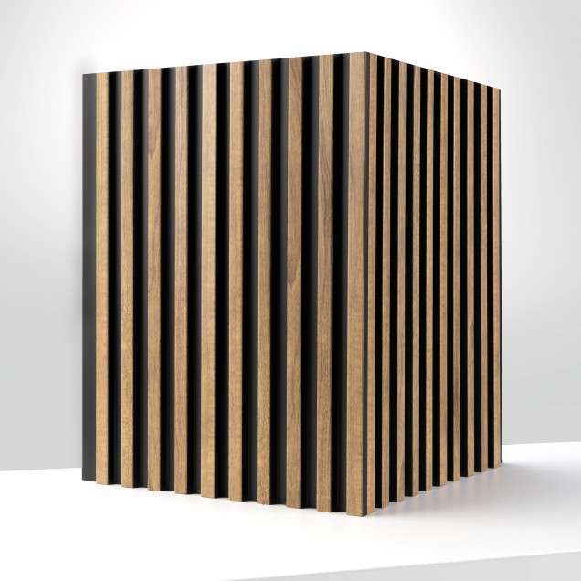 Panou decorativ riflat 3D stejar craft într-un living modern