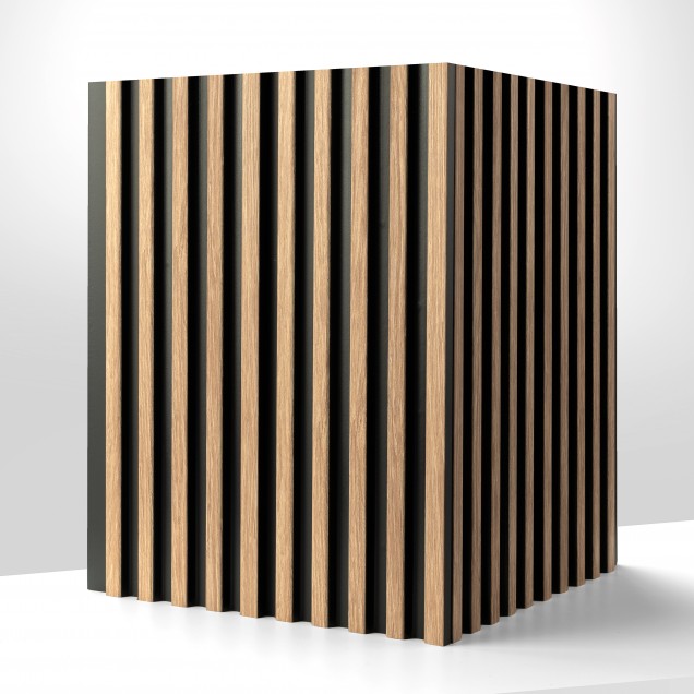 Panou decorativ riflat 3D stejar auriu într-un living modern
