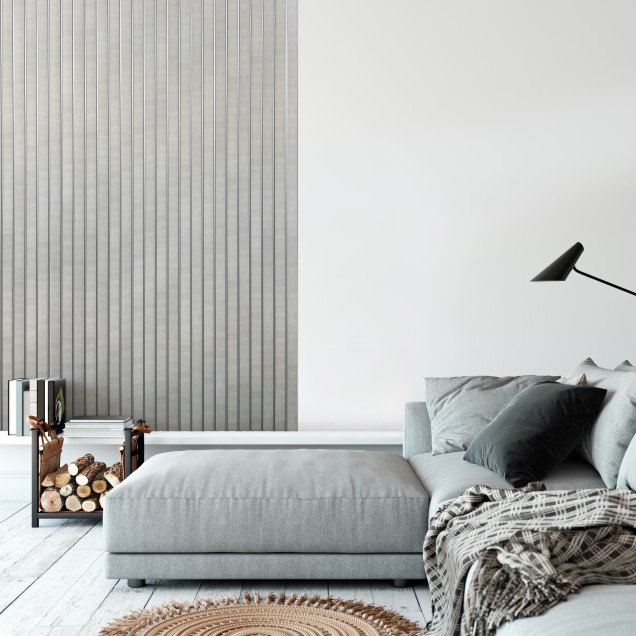 Panou decorativ riflat 3D gri si amber intr-un interior modern