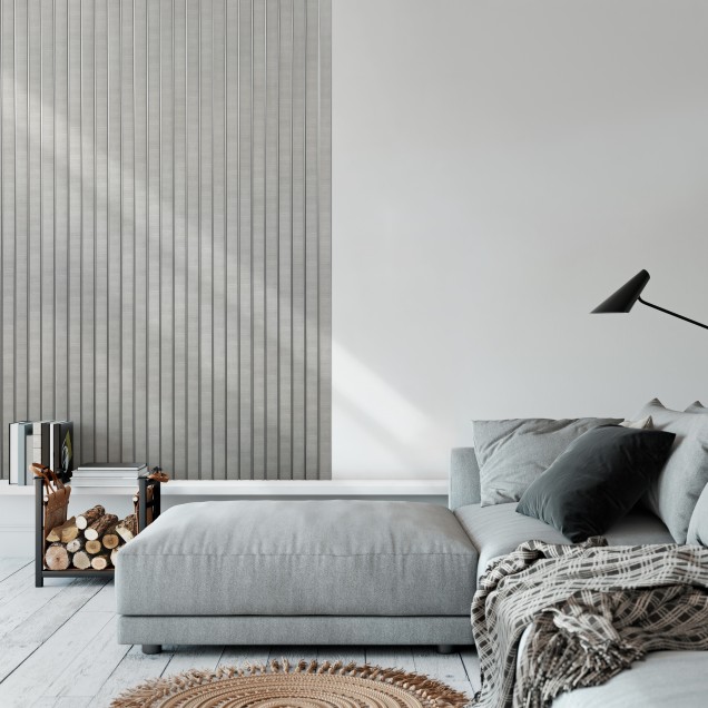 Panou decorativ riflat 3D gri si amber intr-un interior modern