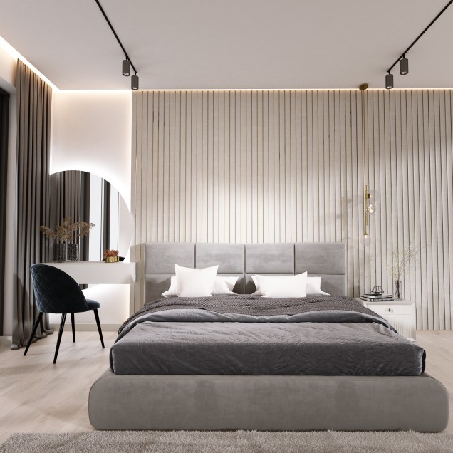 Panou decorativ riflat 3D gri si amber intr-un interior modern