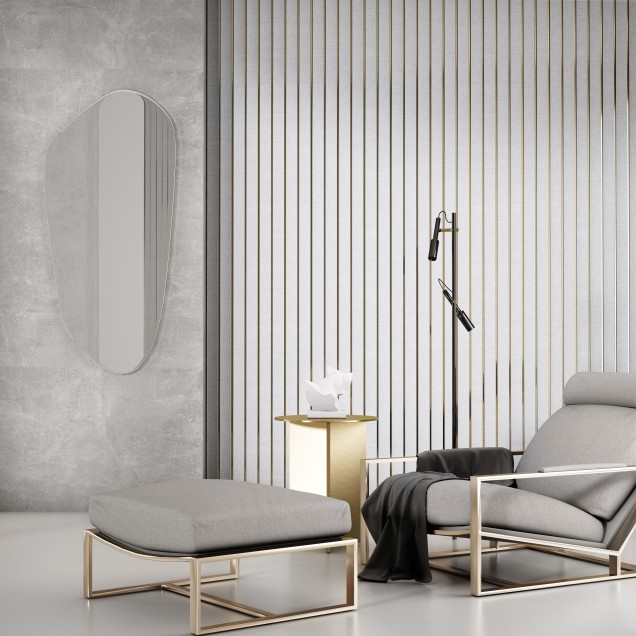 Panou decorativ riflat 3D gri si amber intr-un interior modern