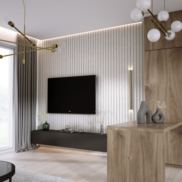 Tapet 3D alb cu linii aurii, design modern, living