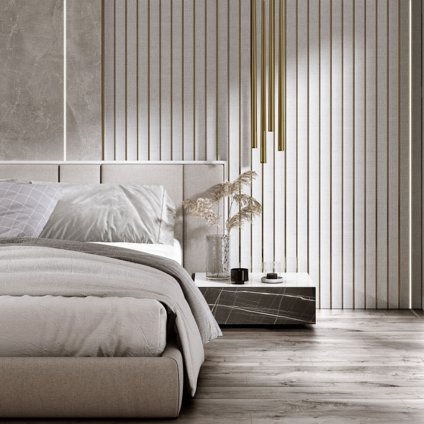 Tapet 3D alb cu linii aurii, design modern, living