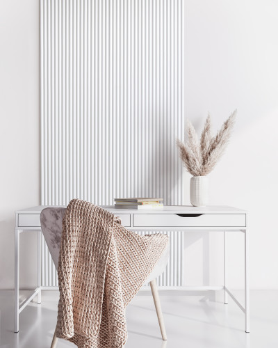 Tapet 3D cu aspect riflat, alb, cu design modern minimalist, ideal pentru decorarea unui birou