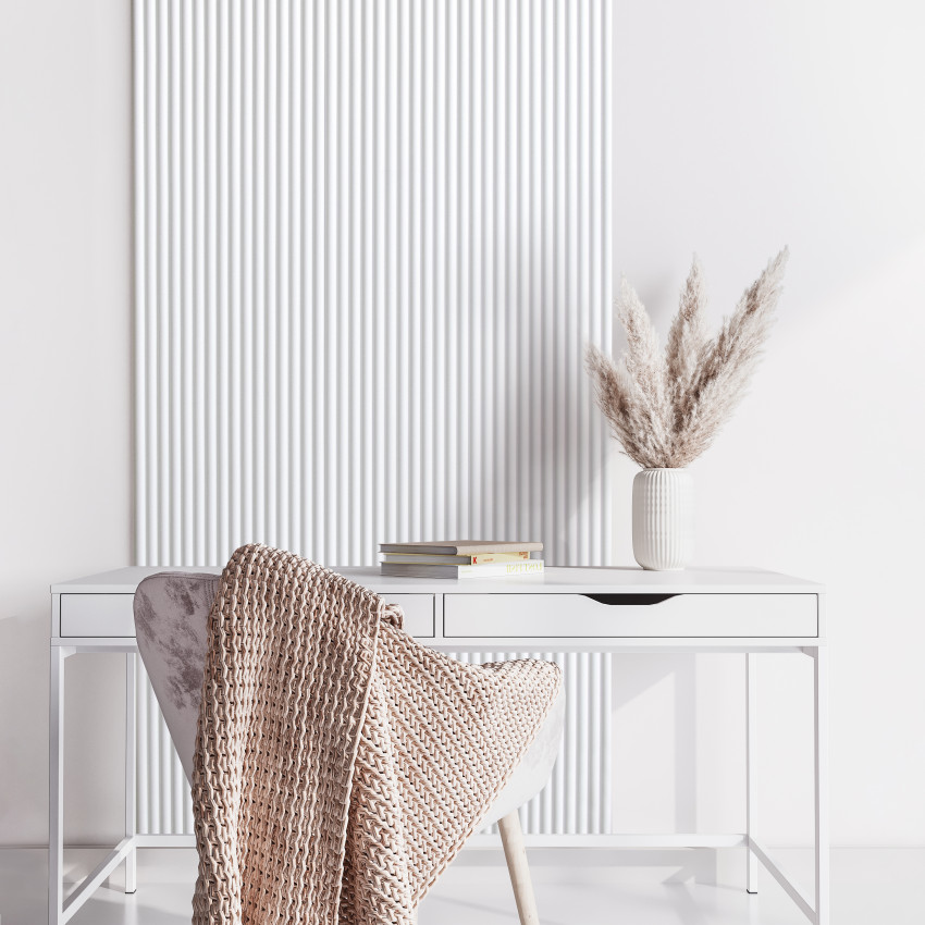 Tapet 3D cu aspect riflat, alb, cu design modern minimalist, ideal pentru decorarea unui birou