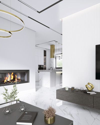 Panou decorativ riflat 3D alb într-un living modern