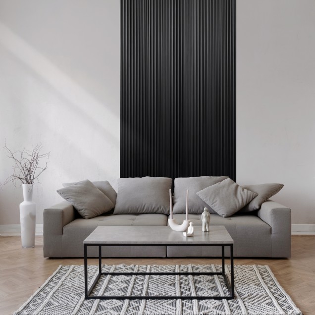 Panou decorativ riflat 3D negru într-un living modern