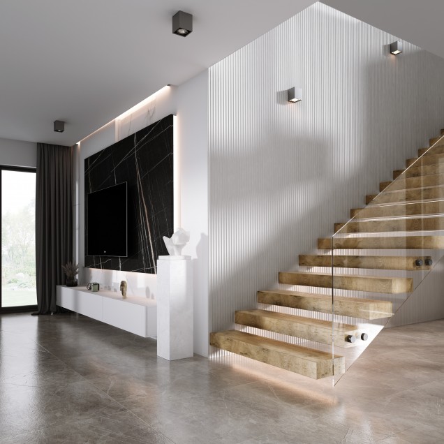 Panou decorativ riflat 3D gri într-un living modern