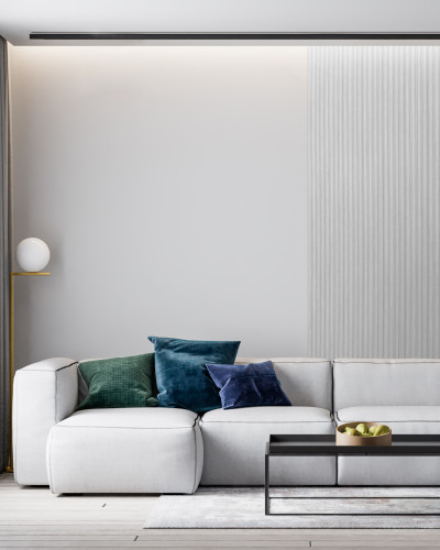 Panou decorativ riflat 3D gri într-un living modern