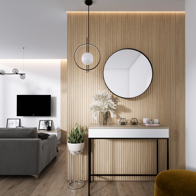 Panou decorativ 3D riflat cu aspect de stejar natural într-un living modern