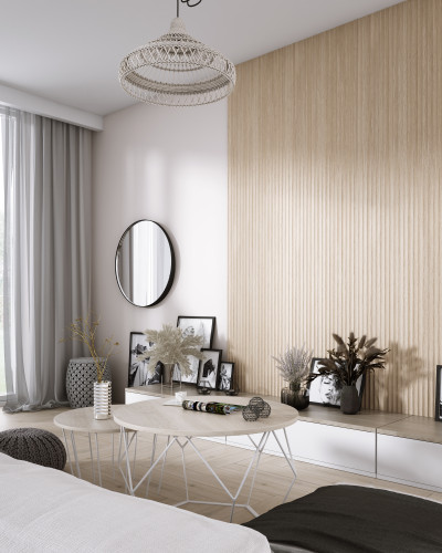 Panou decorativ 3D riflat cu aspect de stejar natural într-un living modern