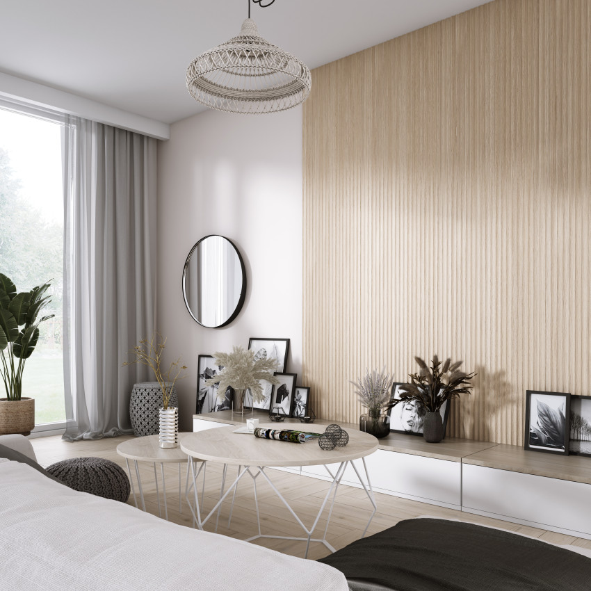 Panou decorativ 3D riflat cu aspect de stejar natural într-un living modern