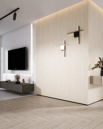 Panou 3D Onda, Stejar Alb, 270x11.2cm, cu textură ondulatorie, montat pe perete într-un living modern, cu TV, canapea și decorațiuni