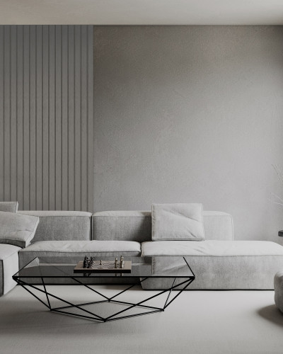 Profil decorativ riflat Roca Stormy Grey intr-un living modern