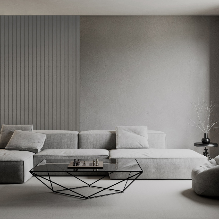 Panou decorativ riflat gri furtună într-un living modern