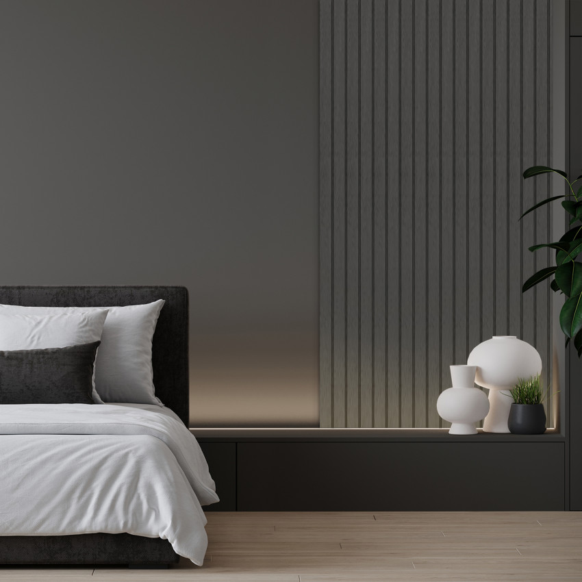 Profil decorativ riflat Roca Stormy Grey intr-un living modern