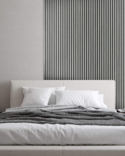 Riflaj decorativ MDF gri fonoabsorbant într-un dormitor modern