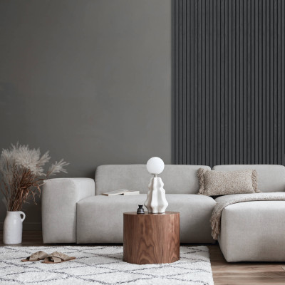 Panou decorativ riflat grafit într-un living modern