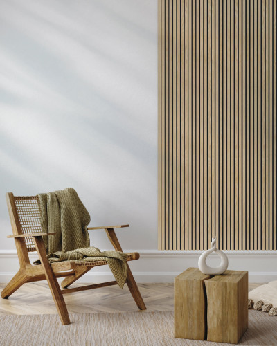 Panou decorativ riflat din MDF, stejar deschis, într-un interior modern
