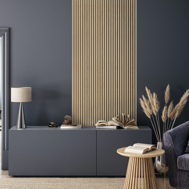 Panou decorativ riflat din MDF, stejar deschis, într-un interior modern