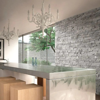 Piatră decorativă gri Fabrik Grey într-o bucătărie modernă