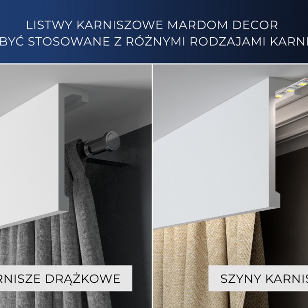 Cornișă decorativă pentru iluminat indirect cu LED și mascare galerie perdea