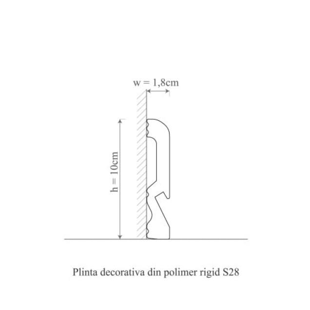 Plintă decorativă albă din polimer rigid, montată la baza peretelui